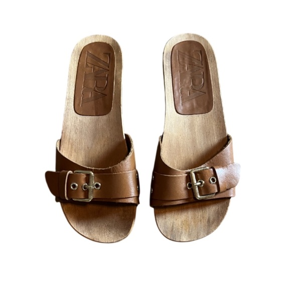 Zara Wooden Sole Slide Sandals Buckle Size 38 - Picture 2 of 8